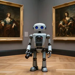 a professional photo of a museum full of classical oil paintings. on the floor stands a mean looking robot, holding a camera.