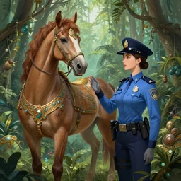 a centaur talking to a futuristic female police in uniform, in the jungle, fantasy, intricate and very beautiful and elegant, highly detailed, digital painting, artstation, concept art, smooth and sharp focus, illustration, art by tan zi and ayanamikodon and alphonse mucha and wlop