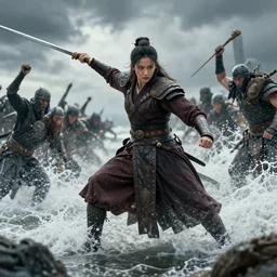 ork warrior in a dress fighting waves of humans