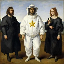 tandric deity in white beekeeper suit with star and conch. painting by mikalojus konstantinas ciurlionis, piero della francesca, max ernst, rene magritte