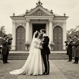 An extreme long shot wide shot, colored black and white Russian and Japanese mix historical fantasy photographic portrait of a Royal wedding of before the doors to the Minister Shrine, the empress and the emperor share a tender kiss, golden hour, warm lighting, 1907 photo from the official wedding photographer for the royal wedding.