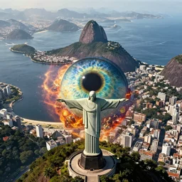 a highly detailed picture of a the eye of sauron as the christo redentor over rio de janeiro, aerial photography, ultrawide lens, art by john collier and albert aublet and krenz cushart and artem demura and alphonse mucha, volumetric lighting, octane render, 4 k resolution, trending on artstation, masterpiece