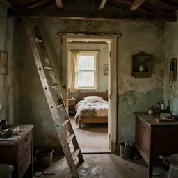photo of a ladder in a shed leading down to a nostalgic bedroom portal dimension, surreal dream photo