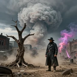 tilt shift, 1 9 1 2 wwi,!!! cumulonimbus, dead tree in a city, beack plague doctor, dirt and dust,! mold, neon smoke, film still 3 5 mm, 3 2 k,! colorized photo, dystopian environment, intricate, highly detailed movie, concept, smooth, sharp focus, artgerm