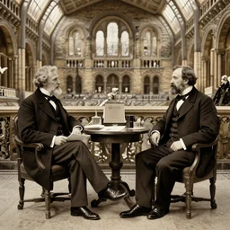 victorian scientists sir richard owen and thomas henry huxley at oxford natural history museum 1 8 6 0 debate, high detail, realistic,