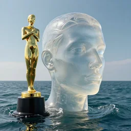 a long shot of a giant award winning sculpture of a human head made out transparent jelly, on the surface of the ocean, in the style of chad knight, hyper detailed, hyper realistic, ray tracing, 8 k resolution, sharp focus, realistic water