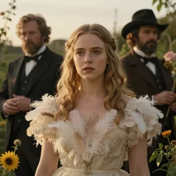 gillian jacobs staring ahead, wearing feathers in a flower garden, golden hour, artstation, by j. c. leyendecker, george hitchcock and peter paul rubens,