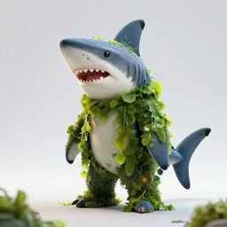 anthropomorphic shark, male, clothing made from seaweed.