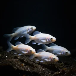 blind albino fishes from inside deep dark freshwater lake cavern, black background, spotlight lighting, legendary award winning underwater nature photography