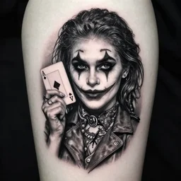 a tattoo design of a a girl with joker makeup holding an ace card, hyper realistic, black and white