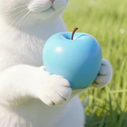 a white cat paw holding a light blue apple, close up, with a field in the background, unreal engine