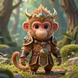 little cute fluffy forest monkey king, evil, inspiring, adorable, anthro, guardian, dnd, woodland realm, fantasy armored attire!! strange fantasy equipment!! octane render, unreal engine 5, hyper realistic, 8 k