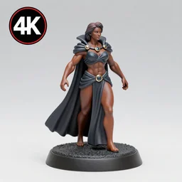 80mm resin detailed miniature of a Very Muscular Queen, long cloak, brown skin, short hair, on textured disc base, Company logo in upper left corner; Miniature product Photo, 4K, Full body
