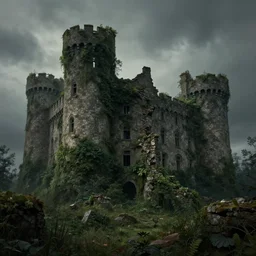 ruins of an old castle covered by plants with moody and cinematic lighting by greg ruthkowski and craig mullins and caspar david friedrich, cinematic and atmospheric, concept art, artstation, trending on artstation