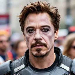 tony stark wearking makup in the gay parade, 8k resolution, close-up shot, hyper-detailed