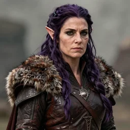 yennefer as a medieval fantasy tolkien elf, dark purplish hair tucked behind ears, wearing leather with a fur lined collar, wide, muscular build, scar across the nose, cinematic, character art, real life, 8 k, detailed.