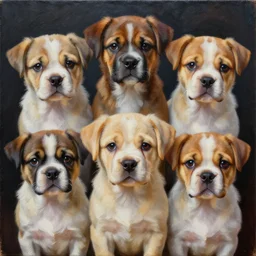 intricate five cute puppy dog portrait, oil on canvas, hdr, high detail, photo realistic, hyperrealism, surrealism, cinematic, matte finish, high contrast, 3 d depth, centered, masterpiece, vivid and vibrant colors, enhanced light effect, enhanced eye detail, artstationhd