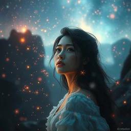 everything is a dream, masterpiece, beautiful composition, magical, sparks of energy, ethereal, fantasy landscape, portrait, perfect girl, love, divine, pretty face, beauty, sharp focus, thought provoking, highly detailed, atmospheric light, unique, intricate, artstation, art by wenjun lin and artem chebokha and alena aenami and ian llanas