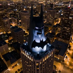bat signal on a los angeles building at night, photorealistic, drone view, dynamic light, ultra detailed, hyper realistic