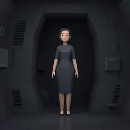 woman inside a minimalistic, dark ( spaceship ), low poly.