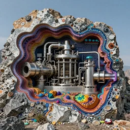 ultra realistic macro photography of the giant psychedelic magical machine embedded within the mountain,  colourful sedimentary and igneous rock and marble, industrial machinery, pistons, pipes and valves,  super conducters, circuitry. 8k geology photographic cross section
