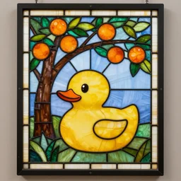 stained glass depicting a rubber ducky under an orange tree, highly detailed, high quality photo, professional photo