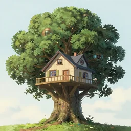 a cute house in a giant tree, nuclear powered, detailed, futuristic, cory loftis, james gilleard, atey ghailan, makoto shinkai, goro fujita, studio ghibli, rim light, exquisite lighting, clear focus, very coherent, plain background