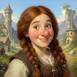 portrait | beautiful dwarven woman, cheerful, beautiful painting, thick braided hair, large nose, hyperdetailed, intricate, thomas kinkade, jeff easley, anne stokes, artstation, in the dwarven city,