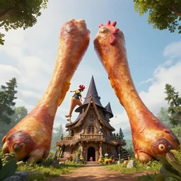 giant chicken legs below witch hut, greg rutkowski, zabrocki, karlkka, jayison devadas, trending on artstation, 8 k, ultra wide angle, zenith view, pincushion lens effect