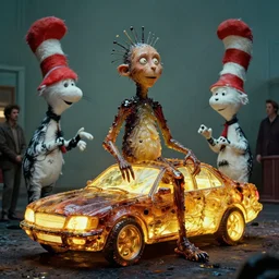the strange creature, they sell cars, made of glowing oil, film still from the movie directed by denis villeneuve and david cronenberg with art direction by salvador dali and dr. seuss