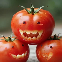 a tomato has a face on it with sharp teeth. it is eaten by another tomato with the same face.
