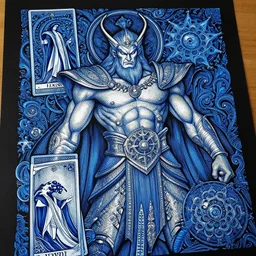 detailed mighty zeus god, by hokusai and james gurney + black paper with intricate and vibrant blue line work + tarot card + mandelbulb fractal + full of silver layers + portrait + trending on artstation + incredible blue and black gothic illustration + exquisite detail