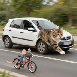 a cat turned into a car chasing a mouse turned into a bike