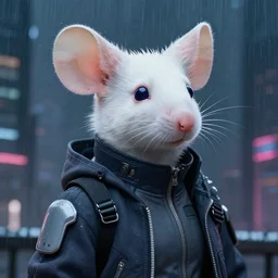 beautiful portrait commission of a female furry anthro albino mouse wearing cyberpunk clothes. cyberpunk city at night in the rain. neon light. atmospheric. character design by charlie bowater, ross tran, artgerm, and makoto shinkai, detailed, inked, western comic book art