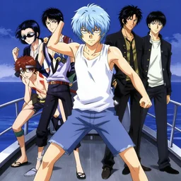 style of madhouse anime, rei hiroe, loish, artgerm, joshua middleton, revy from black lagoon, symmetrical eyes and symmetrical face, jean shorts, white tank top, full body, action pose, on a boat, smirk on face, evening
