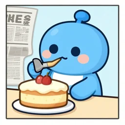 newspaper cartoon strip, blue cute robot bakes a cake but cannot eat it