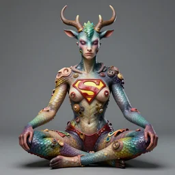 a portrait photograph of a meditating fierce sadie sink as a colorful faun super hero with scaled skin. she has many skin grafts and body modifications. by tom bagshaw, donato giancola, hans holbein, walton ford, gaston bussiere, peter mohrbacher and brian froud. 8 k, cgsociety