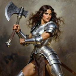 a frank frazetta oil painting of a beautiful muscular salma hayek wearing silvery armor holding a large battle axe, dynamic shot, hd 4 k, intricate, highly detailed, atmospheric, sharp