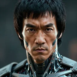 a portrait film still of a neocyborg + cyberpunk bruce lee, close up, quint buchholz, wlop, dan mumford, artgerm, liam brazier, peter mohrbacher, raw, featured on artstation, octane render, photo realistic, sharp focus and details on face, cinematic, rugged, dramatic lighting, intricate, 8 k