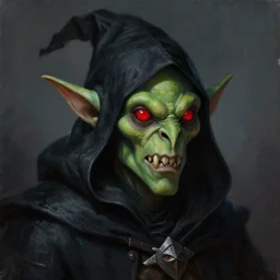 a detailed portrait painting of night goblin wearing a black pointy hood, green skin, red beady eyes, sharp teeth, long pointed nose, dungeons and dragons character art, warcraft art, warhammer fantasy, in the style of tim hildebrandt
