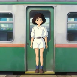 a cute anime girl stands on the edge of the door of a moving train, art by hayao miyazaki, studio bind, makoto shinkai