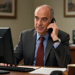 Saul Goodman speaking on his phone at a desk, highly detailed, HDR, sharp focus, 4k, anime art style, digital painting