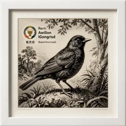 a beautiful Wood engraving on paper of a Blackbird, framed with a white border