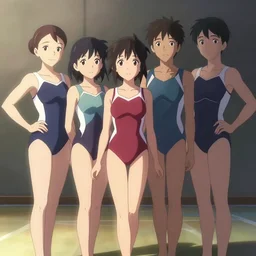anime style artwork, posing together in leotards. soft volumetric light. by yoshiyuki sadamoto, amagaitaro, makoto shinkai, krenz cushart, asao urata, pixiv