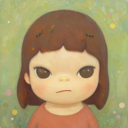 classy, flat painterly soft brush, shy modest pleasing palette with appeal, textured, detailed, flawless, mural - sized chibi character design key visual symmetrical headshot portrait entitled innocence by yoshitomo nara ( 2 0 0 2 ), close - up, idyllic textured particulate sparkling atmospheric adorable garden matte painting detailed pastel from fantasia ( 1 9 4 1 )