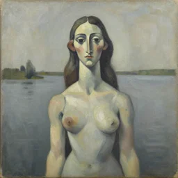 expressive distorted bust portrait of a woman with long neck, big ears and a small head, standing on a lake, oil painting, impasto, muted colors, artwork by pablo picasso