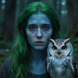 a close up portrait of a lonely woman and her owl, fine facial features, symmetrical, sad, blue skin, green hair, in a forrest, inspired by edward hopper and grand budapest hotel, high resolution, octane render
