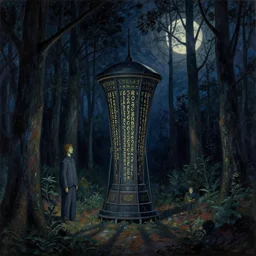 teleportation machine in a dark forest, with trees towering around it and shadows cast by the moonlight by tomer hanuka and chaim soutine, style of occult inscriptions