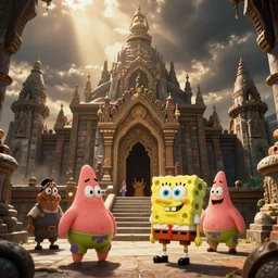 movie still from Stephen Spielberg, SpongeBob and Patrick visit the temple of doom, amazing cinematography