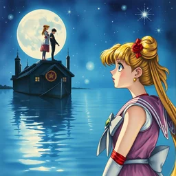 the sailor moon. beautiful, realistic painting by mucha and kuvshinov and bilibin and malevich. watercolor, manga, soviet realism